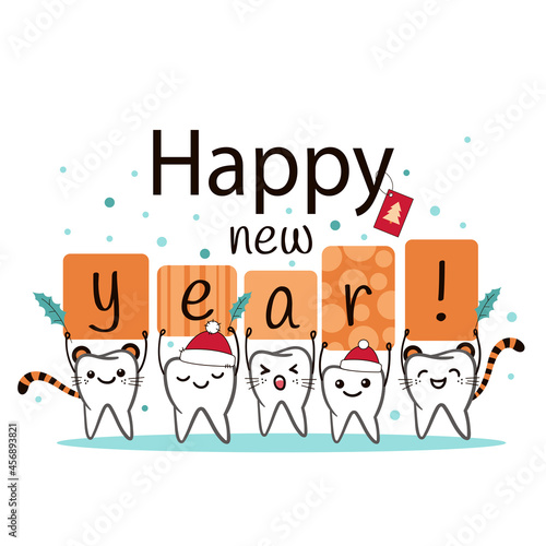 Happy new year. 2022 year of the tiger. Poster with cute smiling cartoon teeth on white background. Stomatology concept. Flat style cartoon character illustration. Dental kids care banner.