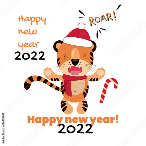 Tiger in Santa Claus's cap with Happy New Year 2022 words. Year of the Tiger. Cartoon cute illustration on white background for posters, banners and greeting cards. 