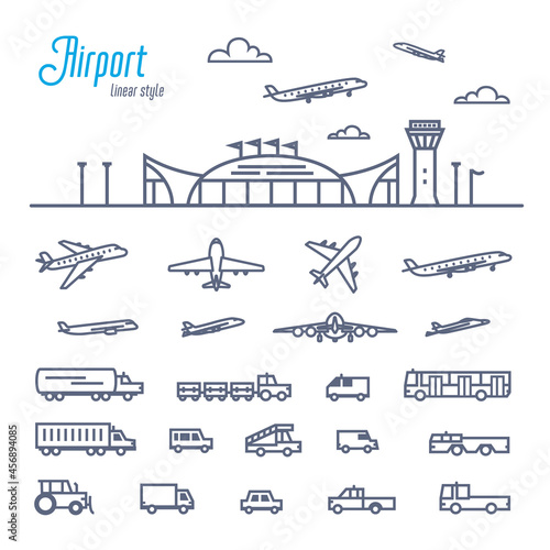 Airport transport set. Various types of cars and vehicles for Airport ground support service. Outline style vector illustration on white background