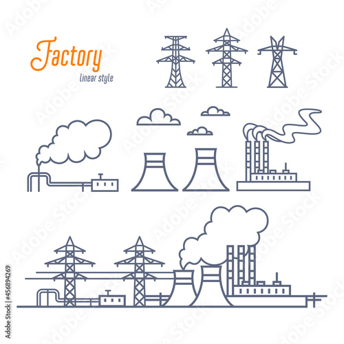 Energy plant or Industrial Factory icons set. Various electricity plant buildings, and transmission towers. Outline style vector illustration on white background.