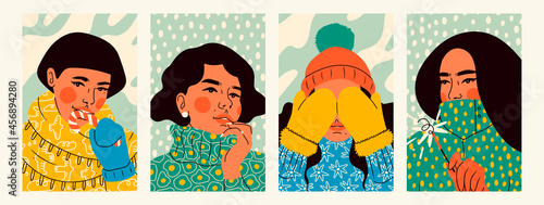 Close up portraits of young women wearing warm sweater, jacket, mittens, beanie and scarf. Snowy winter weather, holiday, Cozy clothes concept. Set of four Hand drawn trendy Vector illustrations