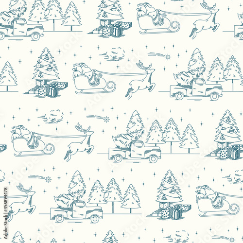 Blue Christmas toile pattern repeat fabric. Seamless print background design. Vector illustration. Surface pattern design. Great for home decor and retro sewing projects. 
