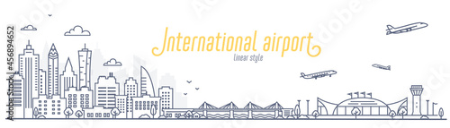 Cityscape with city airport. Concept of a city to the airport and back transfer, or Commute. Outline style vector illustration on white background.