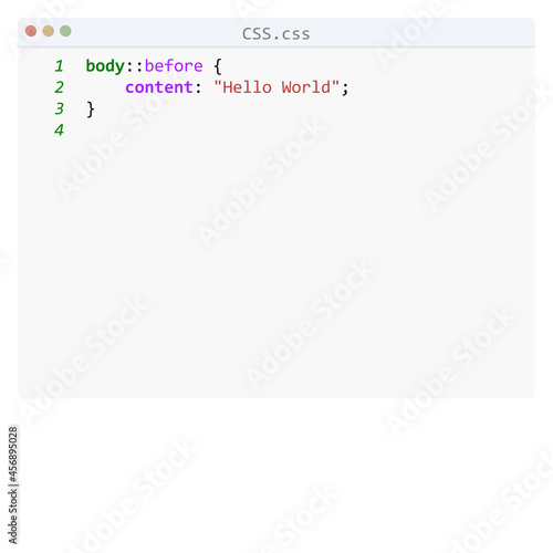 CSS language Hello World program sample in editor window