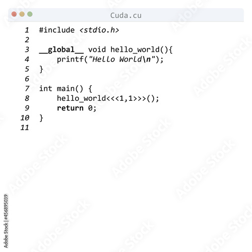 Cuda language Hello World program sample in editor window