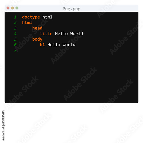 Pug language Hello World program sample in editor window