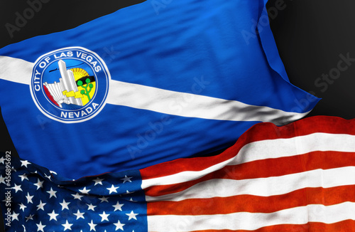 Flag of Las Vegas Nevada along with a flag of the United States of America as a symbol of unity between them, 3d illustration