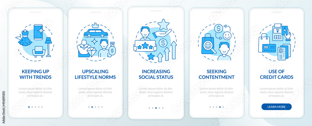 Consumerism motivation blue onboarding mobile app page screen. Buying contentment walkthrough 5 steps graphic instructions with concepts. UI, UX, GUI vector template with linear color illustrations