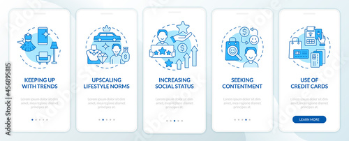 Consumerism motivation blue onboarding mobile app page screen. Buying contentment walkthrough 5 steps graphic instructions with concepts. UI, UX, GUI vector template with linear color illustrations