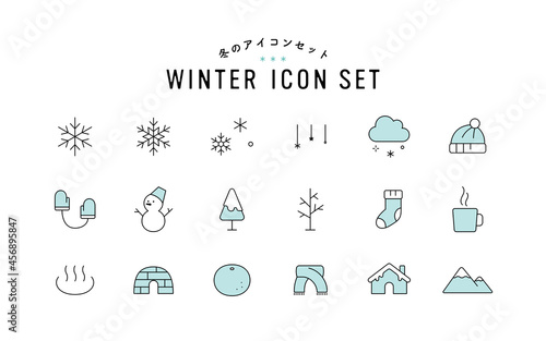 冬のアイコンのセット　イラスト　シンプル　雪　結晶　雪だるま　飾り　装飾　季節　線　線画　寒い