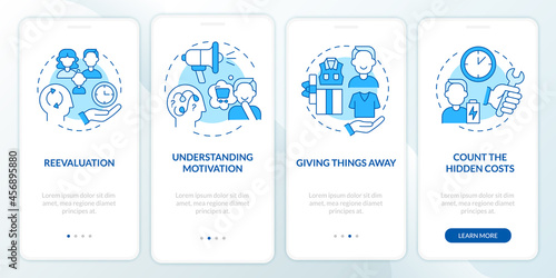 Challenging consumerism blue onboarding mobile app page screen. Excessive buying walkthrough 4 steps graphic instructions with concepts. UI, UX, GUI vector template with linear color illustrations