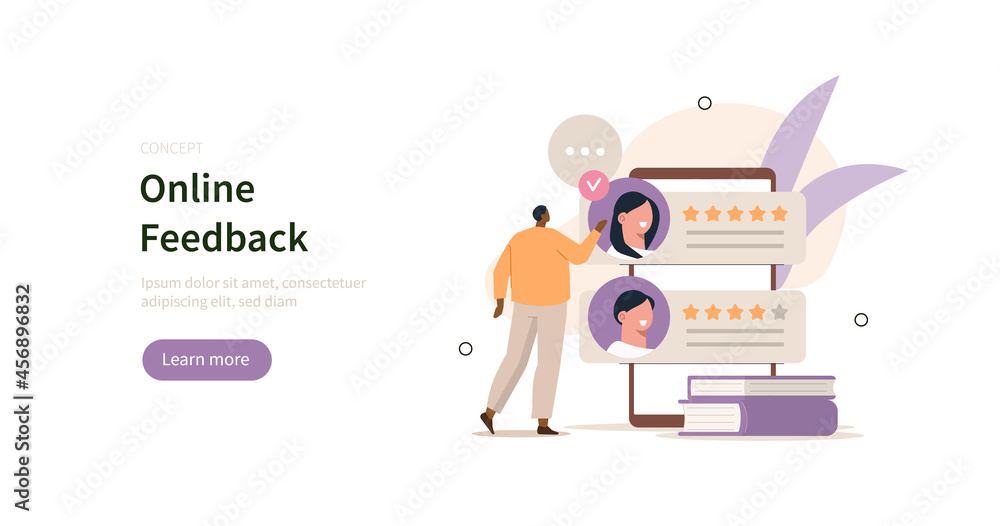 Online survey and rating scene. Character giving five star feedback. User experiences concept. Flat cartoon vector illustration isolated.
