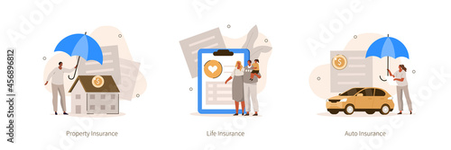 Insurance agents presenting auto, life and property insurance policies. Characters covering car and house with umbrella. Flat cartoon vector illustration and icons set isolated. 