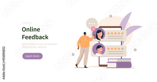 Online survey and rating scene. Character giving five star feedback. User experiences concept. Flat cartoon vector illustration isolated.
