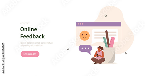 Online survey and rating scene. Character giving feedback and writing review. User experiences concept. Flat cartoon vector illustration isolated.
