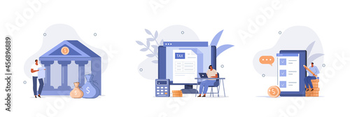 Various finance scenes. Characters calculating and filling tax from, analyzing public finance, putting check mark on checklist. Financial audit concept. Flat cartoon vector illustration and icons set.