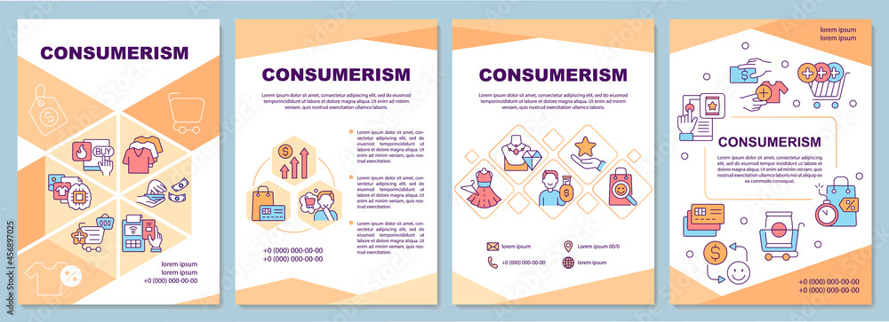 Consumerism brochure template. Excessive purchasing. Flyer, booklet, leaflet print, cover design with linear icons. Vector layouts for presentation, annual reports, advertisement pages