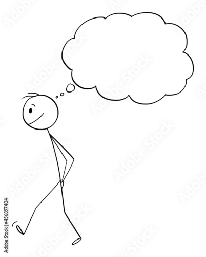 Man or Person Walking and Thinking with Empty Though Bubble, Vector Cartoon Stick Figure Illustration