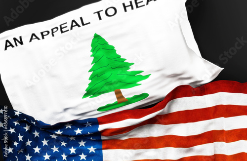 Flag of Pine Tree An Appeal to Heaven along with a flag of the United States of America as a symbol of unity between them, 3d illustration photo