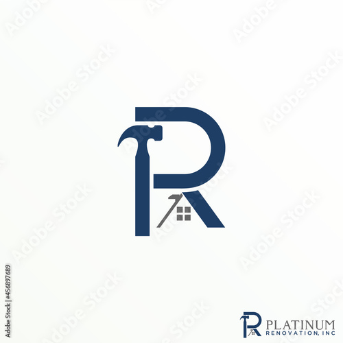 Simple letter or word R sans serif font with roof and hammer image graphic icon logo design abstract concept vector stock. Can be used as a symbol of renovation or initial.