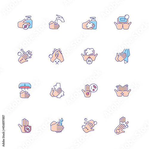 Keeping hands clean RGB color icons set. Washing with soap and water. Remove pathogenic microorganisms. Personal hygiene routine. Isolated vector illustrations. Simple filled line drawings collection
