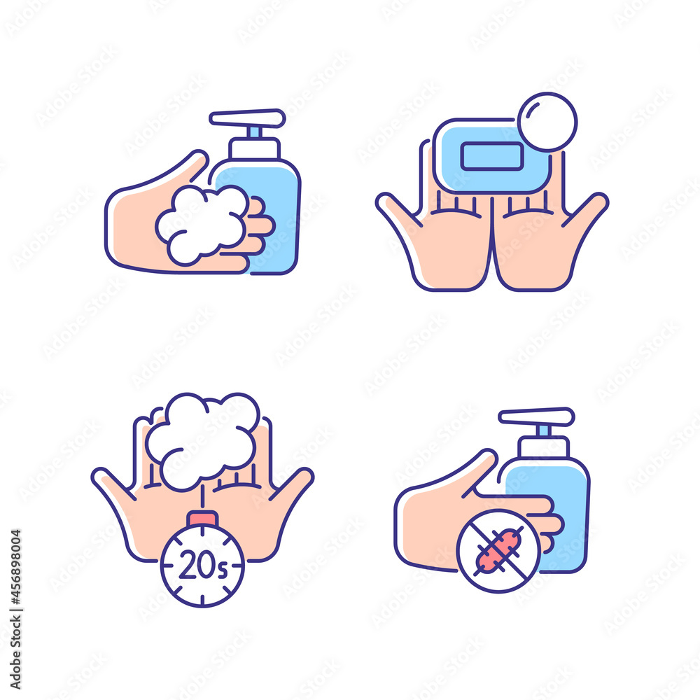 Hand hygiene RGB color icons set. Wash with brick soap. Antimicrobial skin cleanser. Scrub hands for twenty seconds. Antiseptic. Isolated vector illustrations. Simple filled line drawings collection Hand hygiene RGB color icons set. Wash with brick soap. Antimicrobial skin cleanser. Scrub hands for twenty seconds. Antiseptic. Isolated vector illustrations. Simple filled line drawings collection