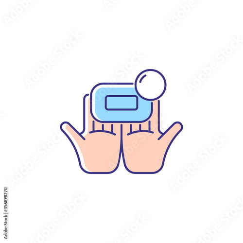Washing with brick soap RGB color icon. Effectiveness against bacteria. Wetting bar soap with water. Getting hands clean and germs-free. Isolated vector illustration. Simple filled line drawing