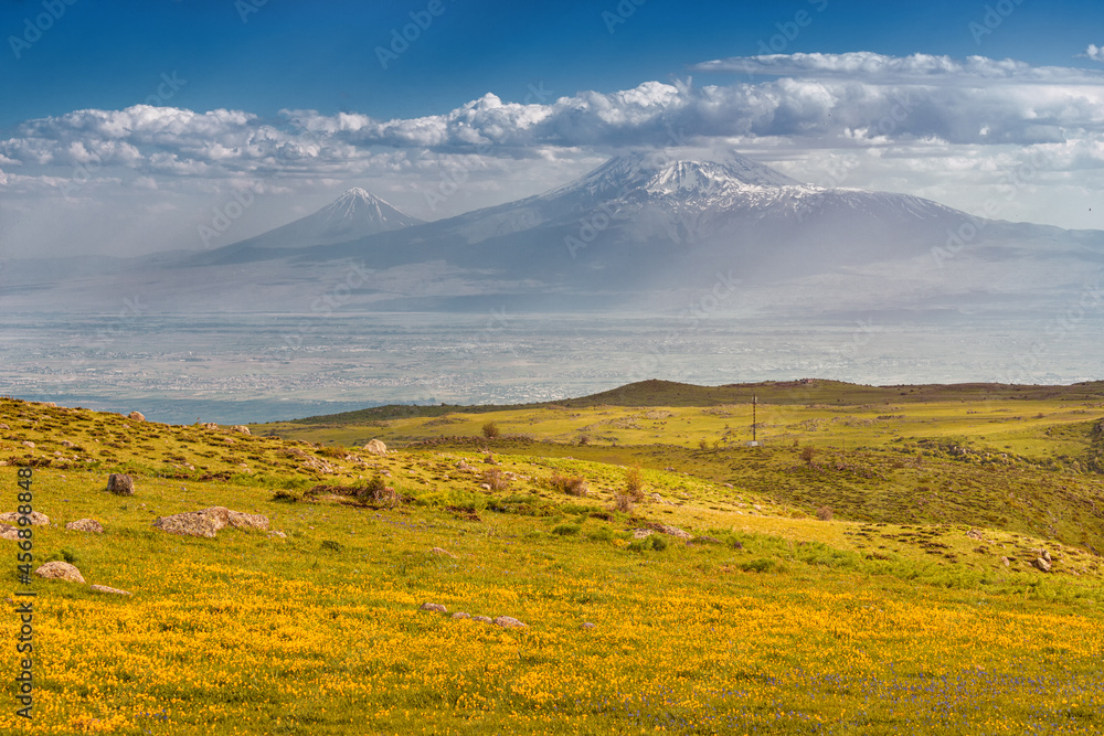 Spectacular and dramatic panoramic view of the famous biblical Mount Ararat or Sis and Masis in Armenian. Travel destination and volcano summit