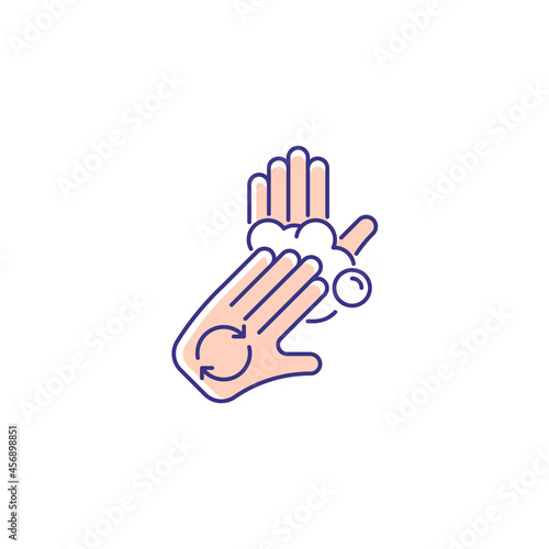 Rub palms with fingers RGB color icon. Regular handwashing. Covering hands with soap lather. Remove bacteria. Lathering palms with fingertips. Isolated vector illustration. Simple filled line drawing