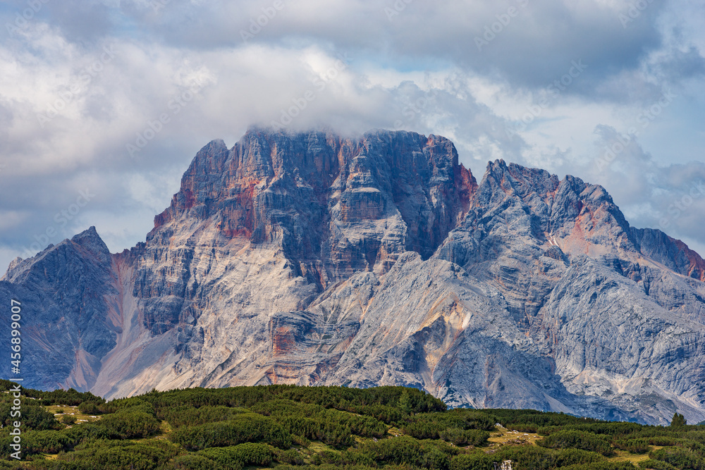 Naklejka premium Mountain Peak of Croda Rossa D'Ampezzo or Hohe Gaisl (3146 m.) seen from the Drei Zinnen or Tre Cime di Lavaredo, Dolomites, Trentino-Alto Adige and Veneto, Bolzano and Belluno, Italy, Europe.