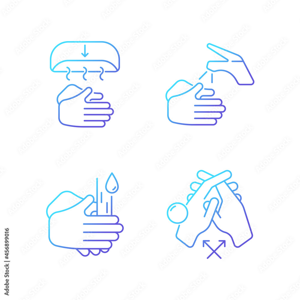 Proper handwashing gradient linear vector icons set. Hand-drying method. Wetting hands with water. Rub palms together. Thin line contour symbols bundle. Isolated outline illustrations collection Proper handwashing gradient linear vector icons set. Hand-drying method. Wetting hands with water. Rub palms together. Thin line contour symbols bundle. Isolated outline illustrations collection