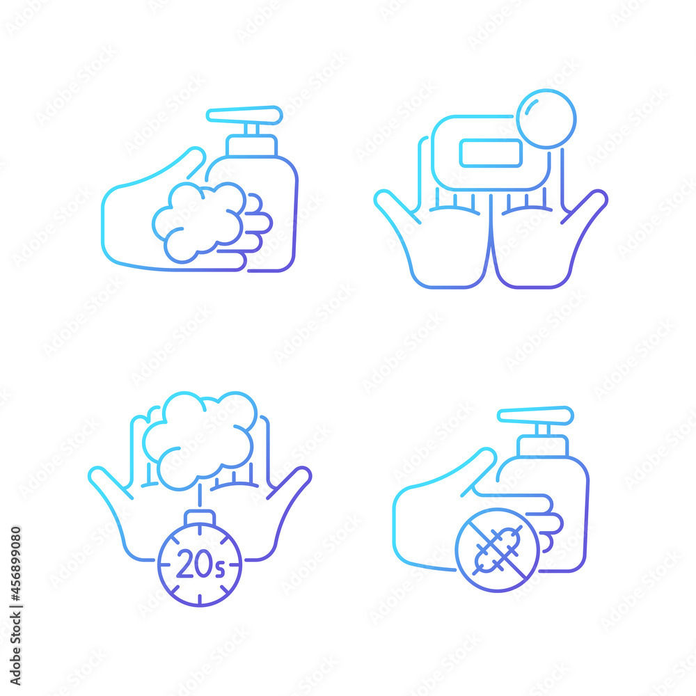 Hand hygiene gradient linear vector icons set. Wash with brick soap. Antimicrobial skin cleanser. Scrub hands duration. Thin line contour symbols bundle. Isolated outline illustrations collection Hand hygiene gradient linear vector icons set. Wash with brick soap. Antimicrobial skin cleanser. Scrub hands duration. Thin line contour symbols bundle. Isolated outline illustrations collection