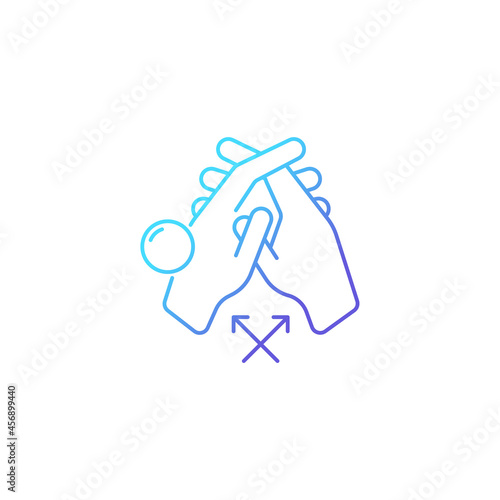 Interlink fingers gradient linear vector icon. Removing dirt between fingers. Hand hygiene. Cleaning under fingernails. Thin line color symbol. Modern style pictogram. Vector isolated outline drawing