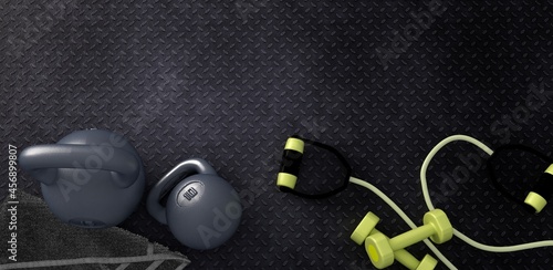 Fitness background with kettlebells and smartphone. 3D rendering