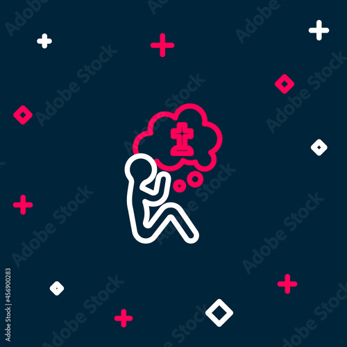 Line Man graves funeral sorrow icon isolated on blue background. The emotion of grief, sadness, sorrow, death. Colorful outline concept. Vector