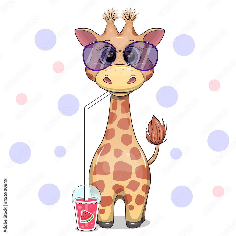 Cute cartoon giraffe in sunglasses drinks watermelon juice. Vector
