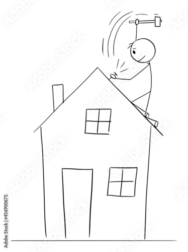Person Repairing or building Roof of Family House, Vector Cartoon Stick Figure Illustration
