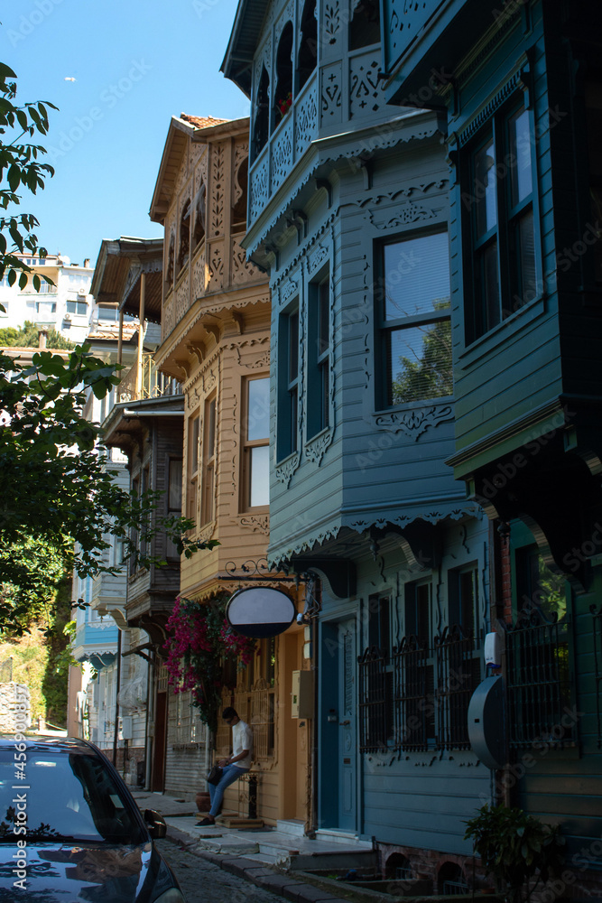 Carved colorful houses with covered glazed balconies, Turkey, Istanbul, Kuzguncuk district