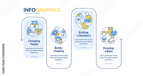 Newborn care vector infographic template. Mother looking after baby presentation outline design elements. Data visualization with 4 steps. Process timeline info chart. Workflow layout with line icons