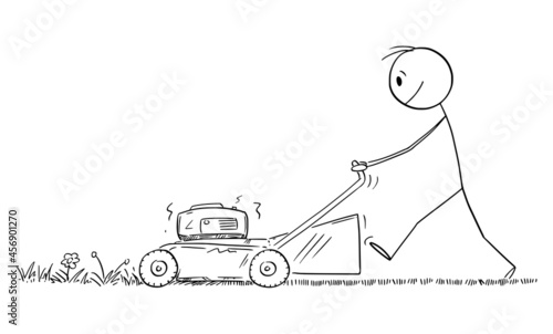 Man Using Lawn Mower to Cut the Grass on Garden, Vector Cartoon Stick Figure Illustration