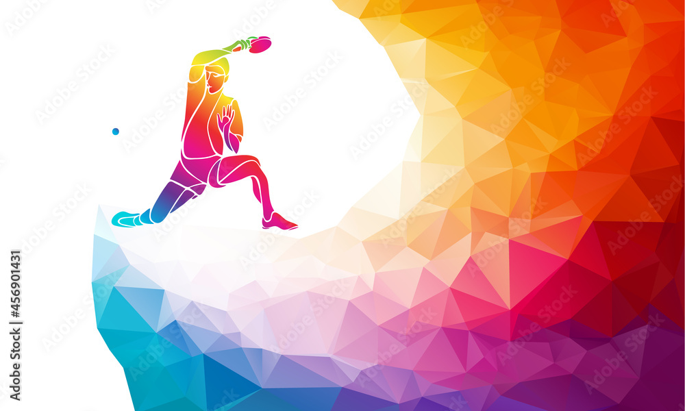 Table tennis player. Ping pong vector illustration or banner template in trendy abstract colorful polygon style with rainbow back