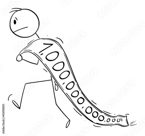 Person Going to Buy or Shopping Carrying Big Inflation Money Bill , Vector Cartoon Stick Figure Illustration