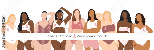 Breast cancer awareness month concept. Women of different ethnicities stand side by side together. Flat vector illustration.	
