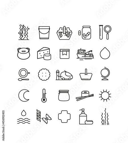 collection de symbole sur la récolte, l'exploitation et l'utilisation de l'algue marine dans les domaines alimentaires, santé, beauté, bio carburant