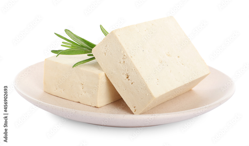 Plate with delicious raw tofu and rosemary isolated on white