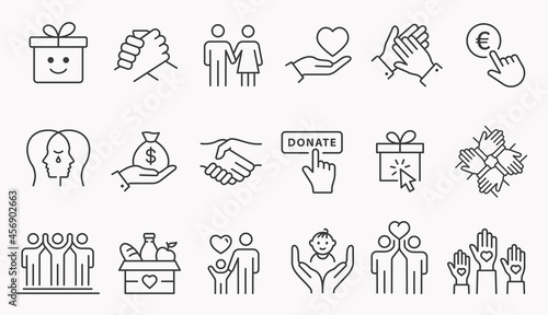 Charity line icon set. Collection of handshake, donate, gift box, help and more. Editable stroke.