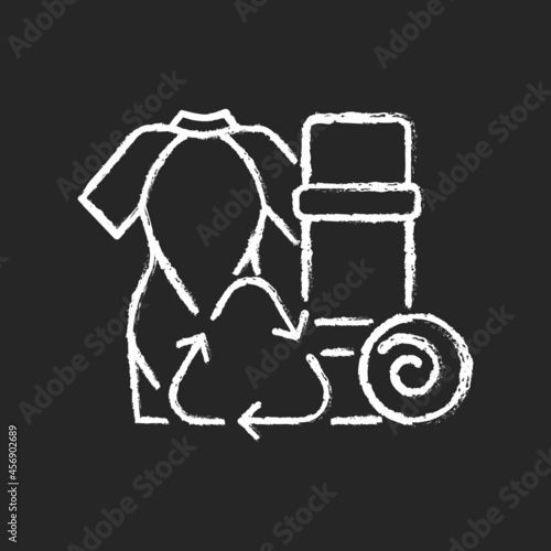 Yoga mats from recycled wetsuits chalk white icon on dark background. Repurposing surfing suits. Sustainable yoga equipment. Eco friendly accessory. Isolated vector chalkboard illustration on black