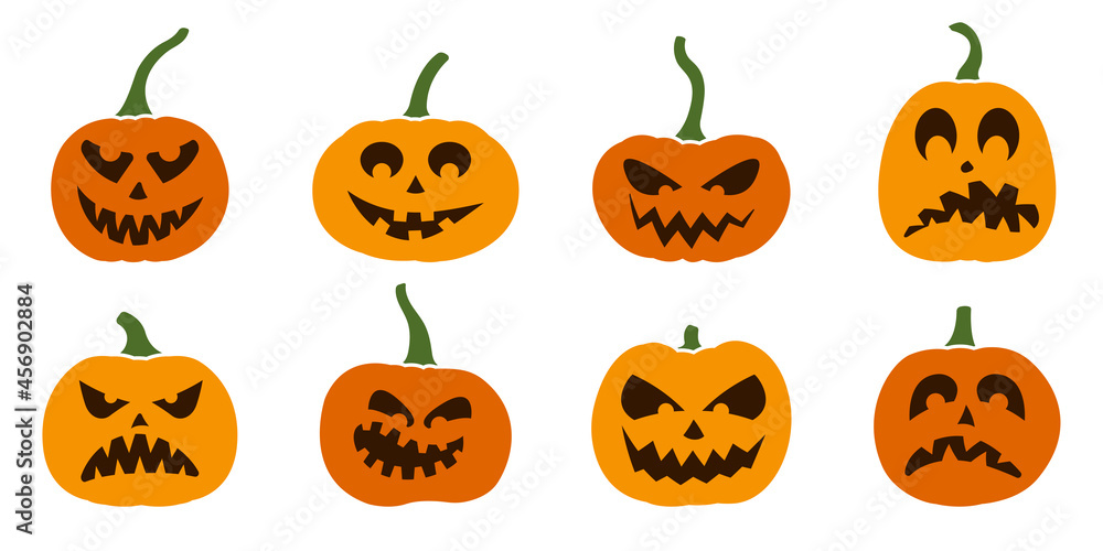 Halloween pumpkin icon set with cute faces. Scary, funny, happy and smile pumpkin face collection. Vector illustration. Halloween pumpkin icon set with cute faces. Scary, funny, happy and smile pumpkin face collection. Vector illustration.