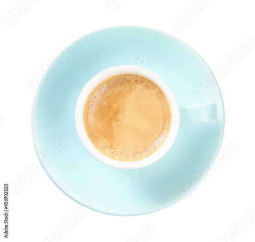 Cup of tasty coffee isolated on white, top view