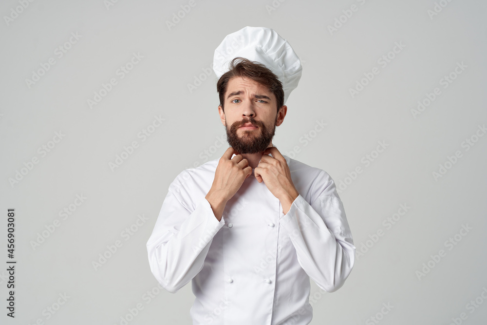 bearded man work uniform profession kitchen stuff light background bearded man work uniform profession kitchen stuff light background
